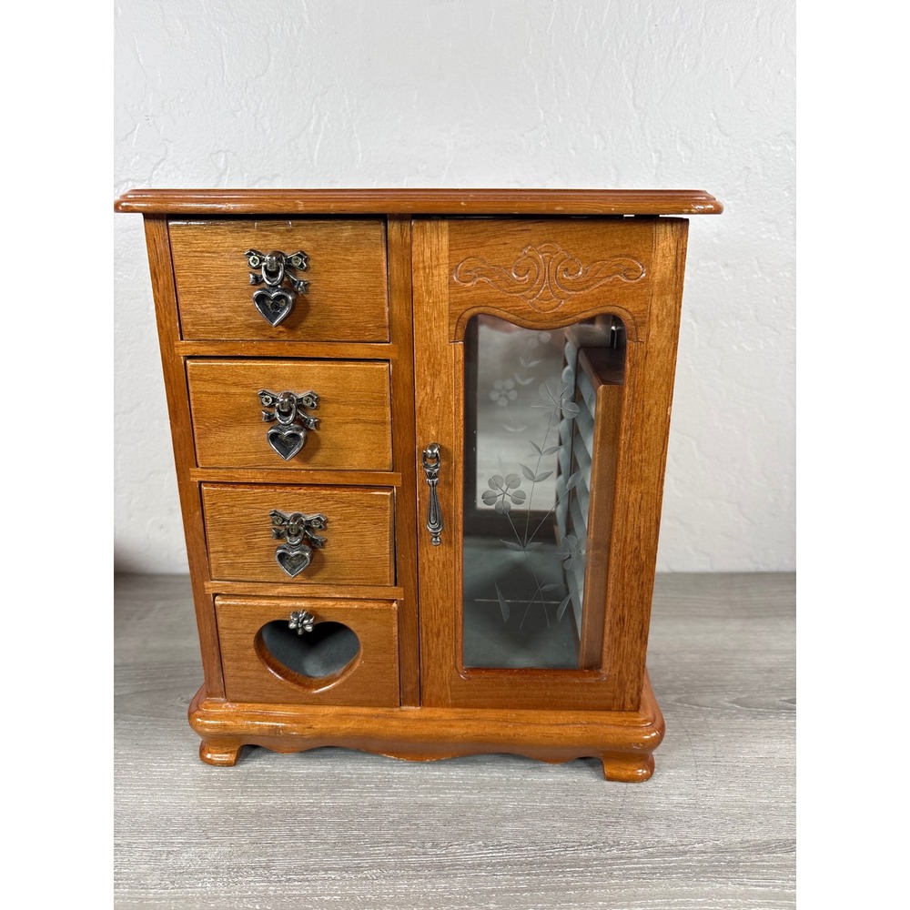 Vintage Wooden Jewelry Box Armoire Music Box Heart Pulls Etched Glass Floral
